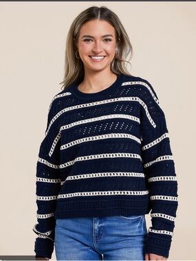 Z Supply Navy and Cream Open-Knit Striped Crew Sweater